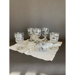 VTG (6) Stemware Goblets Glasses frosted stemware grey leaf wheat pattern wine
